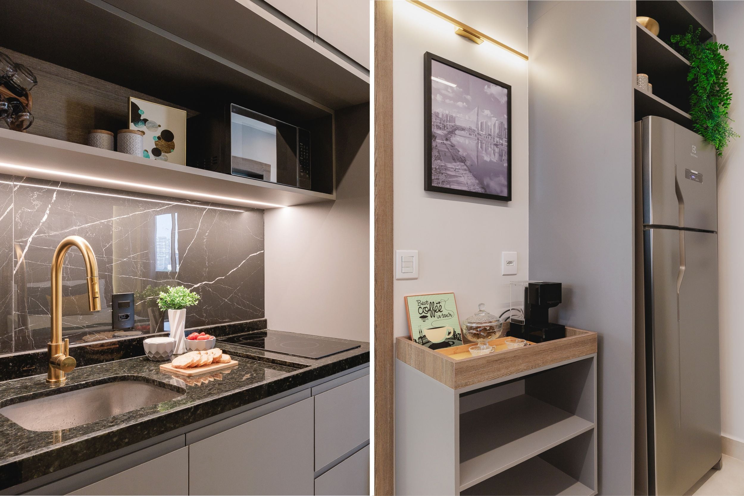 Cozinha compacta com bancada de mármore verde, cooktop e armários cinza