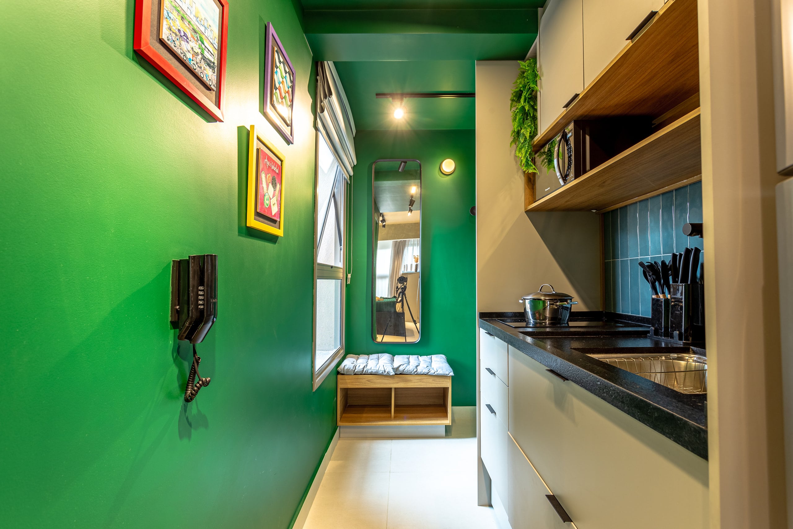 Corredor da cozinha em verde, com quadros e prateleiras iluminadas