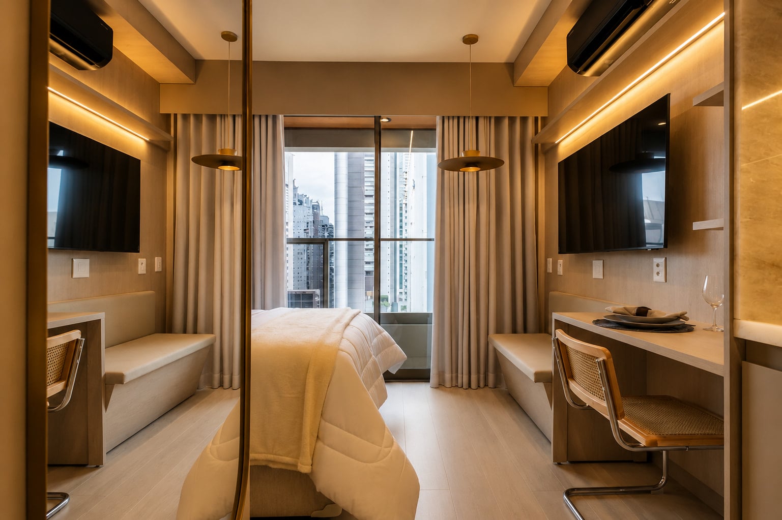 Cama junto à janela, com cortina aberta e vista para a cidade