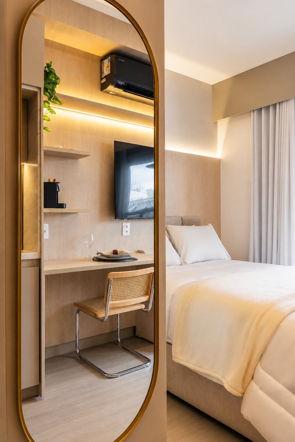 Bancada de trabalho com cadeira de palhinha e a cama ao lado